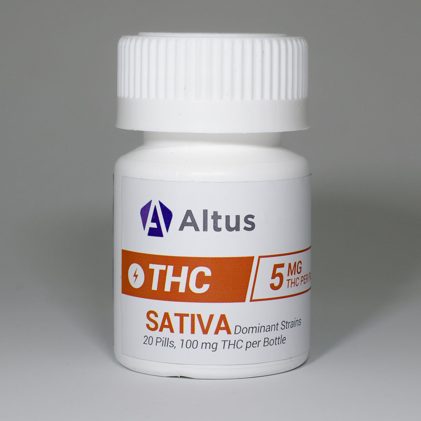 Altus THC pill bottle. White bottle containing 20 5mg THC pills.