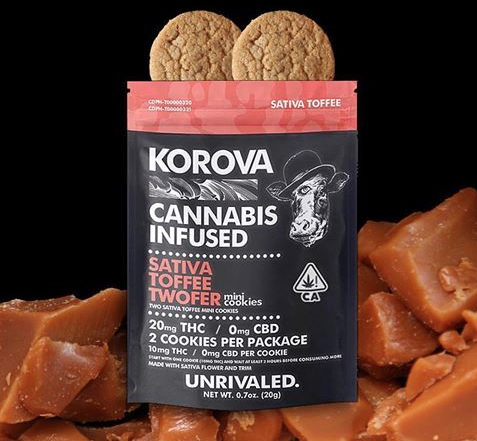 Korova Sativa Toffee Twofer cannabis infused mini cookies bag with caramel